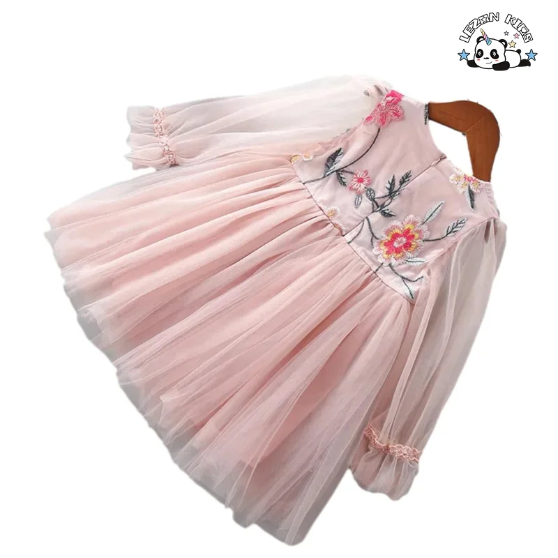 LEZONKIDS - Girl's Embroidery Flower Tulle Princess Dress Long Sleeves Cute Winter Clothing for Toddlers Aged 2-14 Years